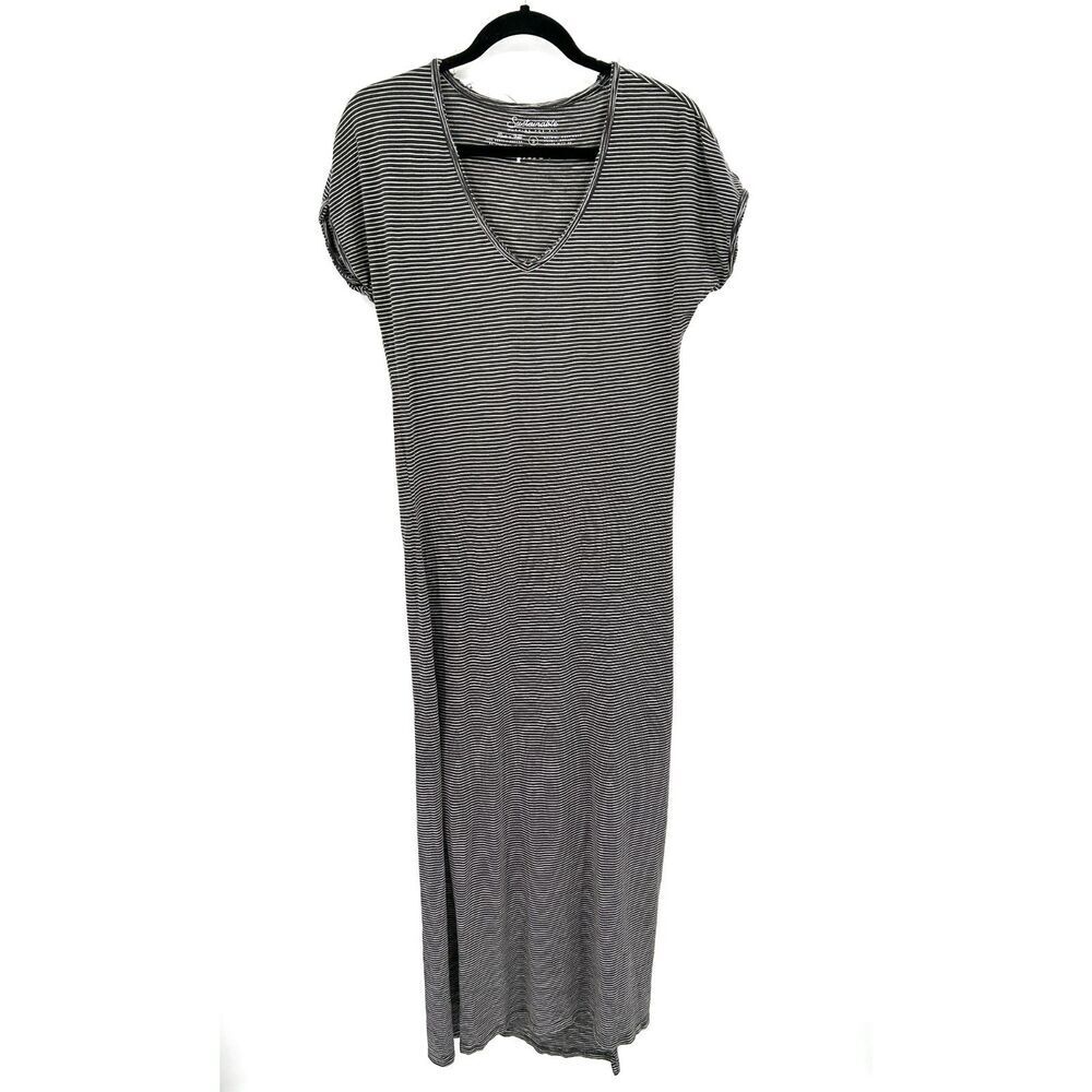 PACT Gray White Stripe Short Sleeve Oversized Side Slits Maxi Dress Size Small